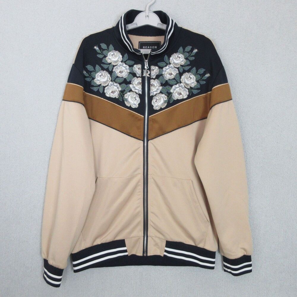 Reason Track Jacket Mens XL Embroidered Floral Beige Black Stripe Bomber FullZip